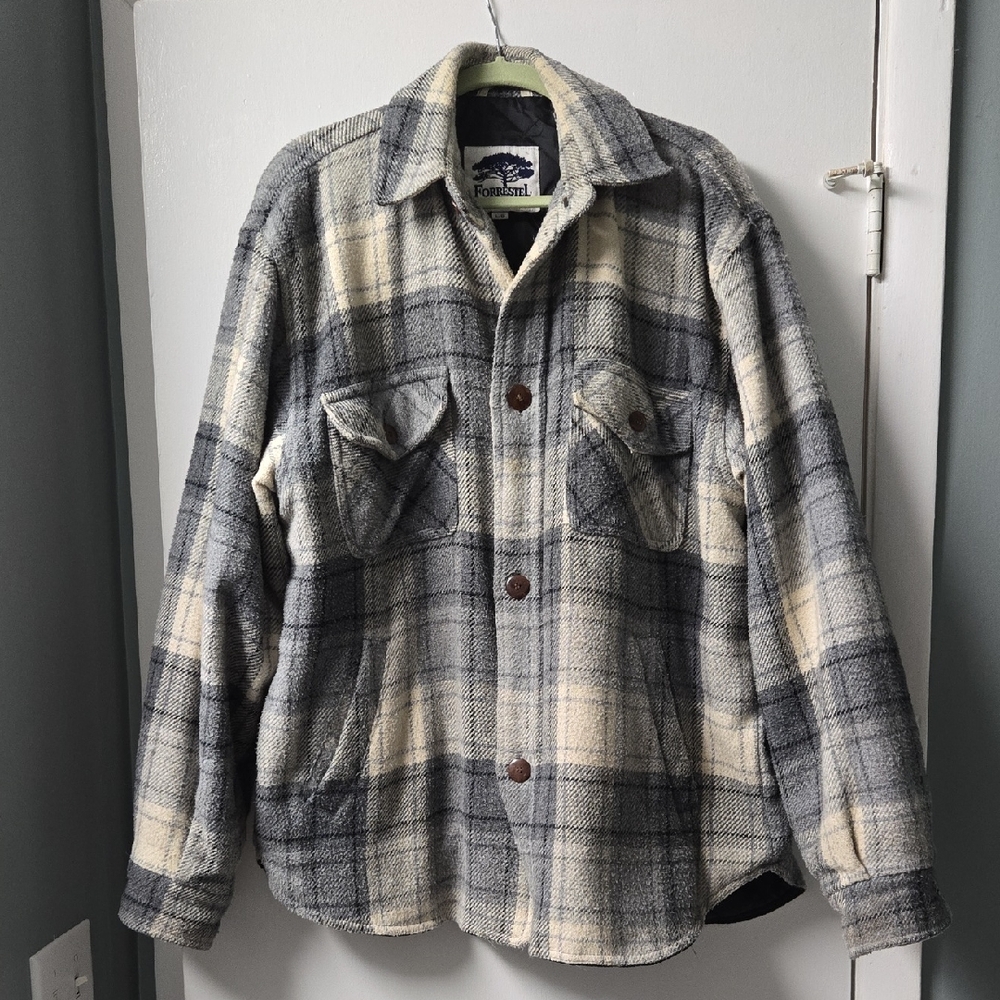 Vintage Forrestel Quilted Plaid Men's Shirt Jacket - Gray and Cream